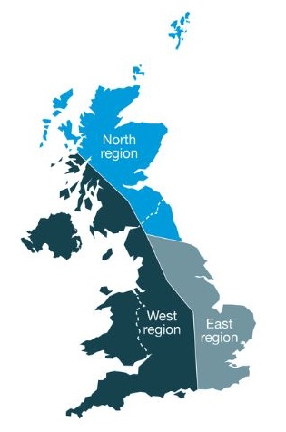 A map showing the UK North, East and West regions used for calculating regional yields.